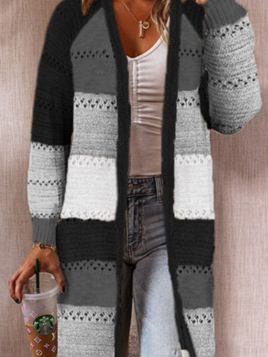 Color Block Open Front Openwork Cardigan