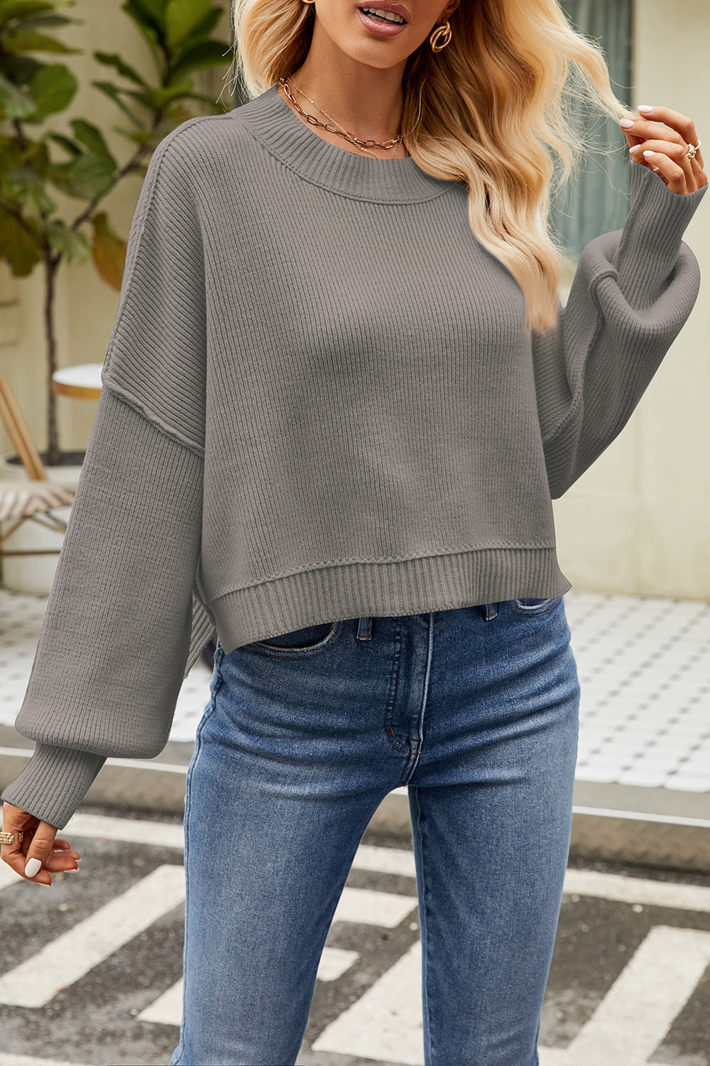 Round Neck Dropped Shoulder Sweater