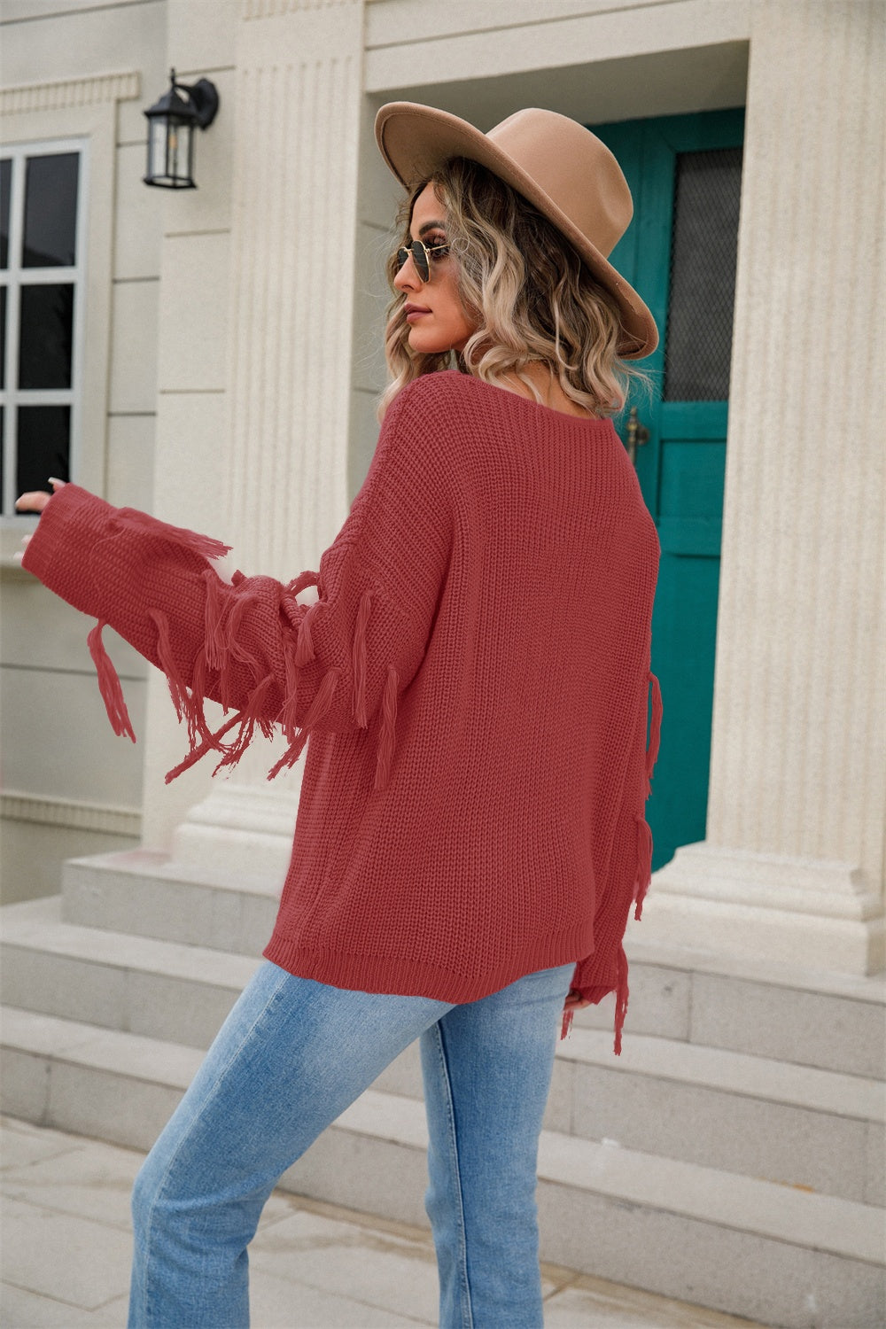 Fringe Round Neck Dropped Shoulder Sweater