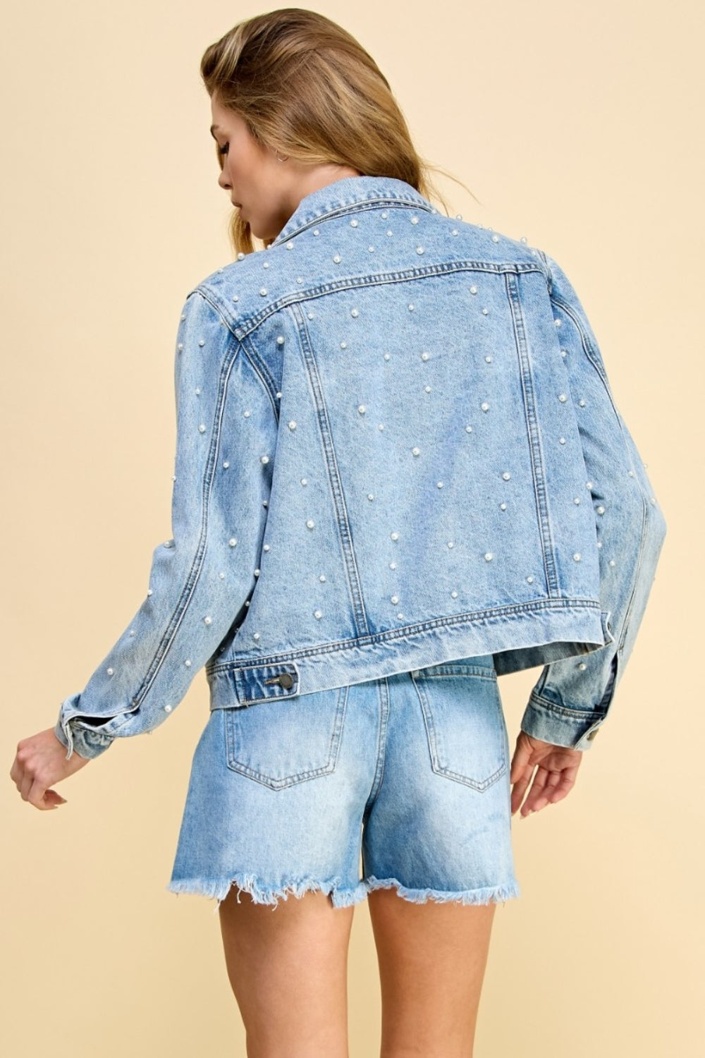 Veveret Button Up Pearl Detail Long Sleeve Denim Jacket