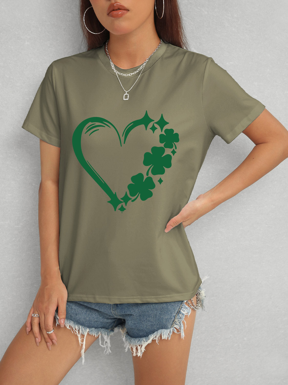 Heart Lucky Clover Round Neck Short Sleeve T-Shirt