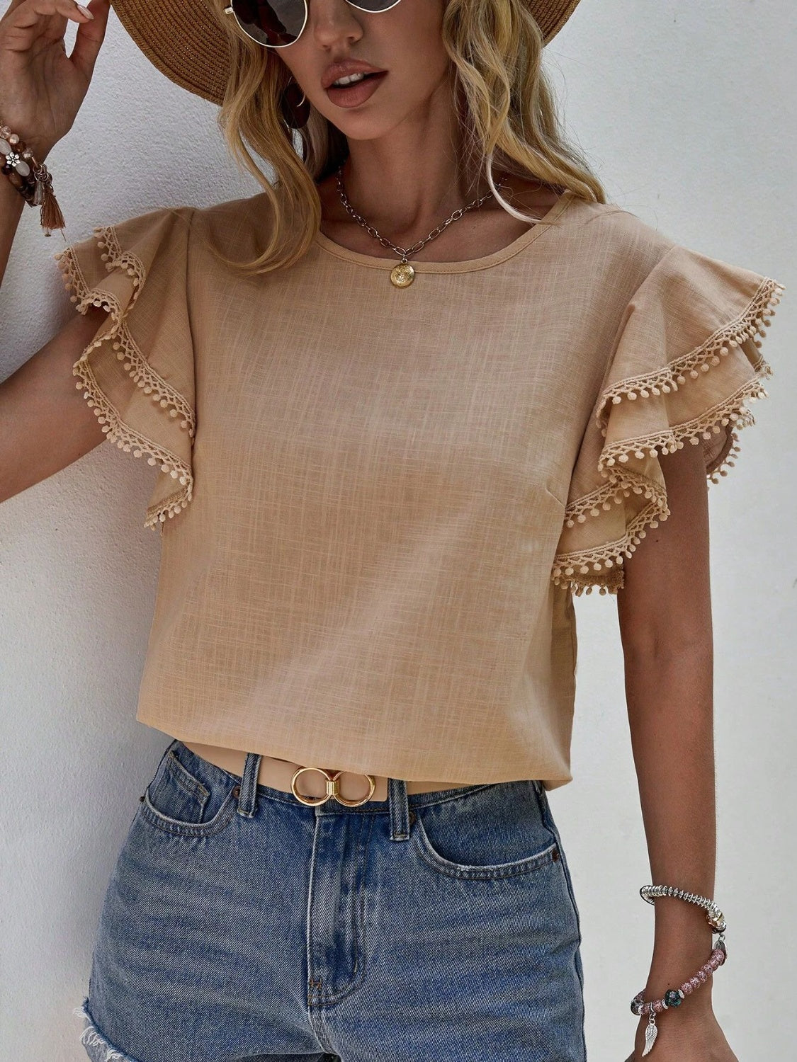 Ruffled Cap Sleeve Round Neck Blouse