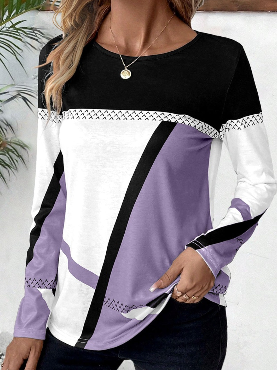 Contrast Round Neck Long Sleeve T-Shirt